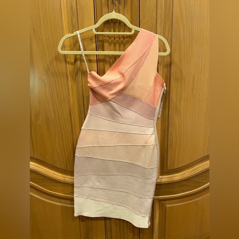 Herve Leger Pink Ombré One Shoulder Bandage Dress